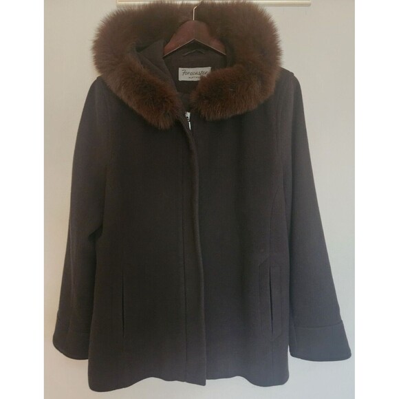 VTG Forecaster Platinum SZ 10 Brown Lambs Wool Blend Fox Fur Trim Hooded Coat - Picture 1 of 14